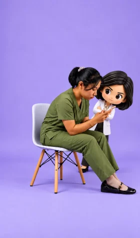 Chibi doctor peeks behind seated woman Chibi doctor peeks behind seated woman