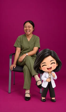 Laughing woman in olive scrubs Laughing woman in olive scrubs