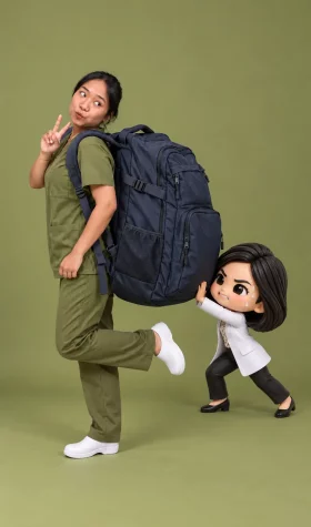 Playful scrubs portrait with oversized backpack Playful scrubs portrait with oversized backpack