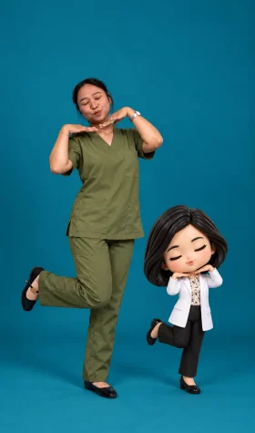 Playful teal studio scrubs portrait Playful teal studio scrubs portrait