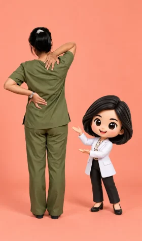 Rear-view olive scrubs on peach backdrop Rear-view olive scrubs on peach backdrop